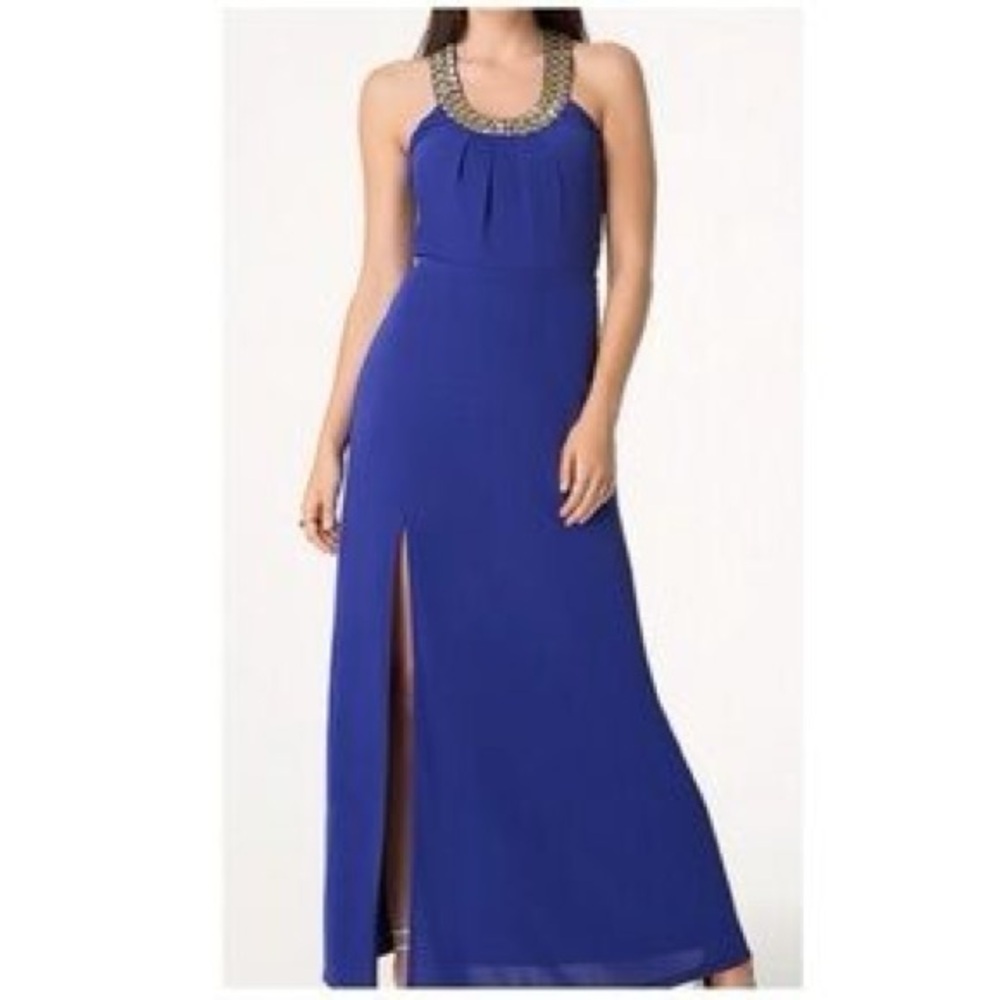 bebe Royal Blue Maxi Dress with Embellished Neckline